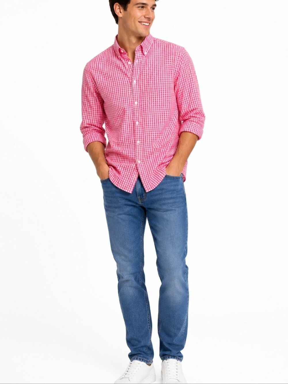 GAP Men's Shocking Pink Gingham Button-Down Shirt Brandon Check Long Sleeve M